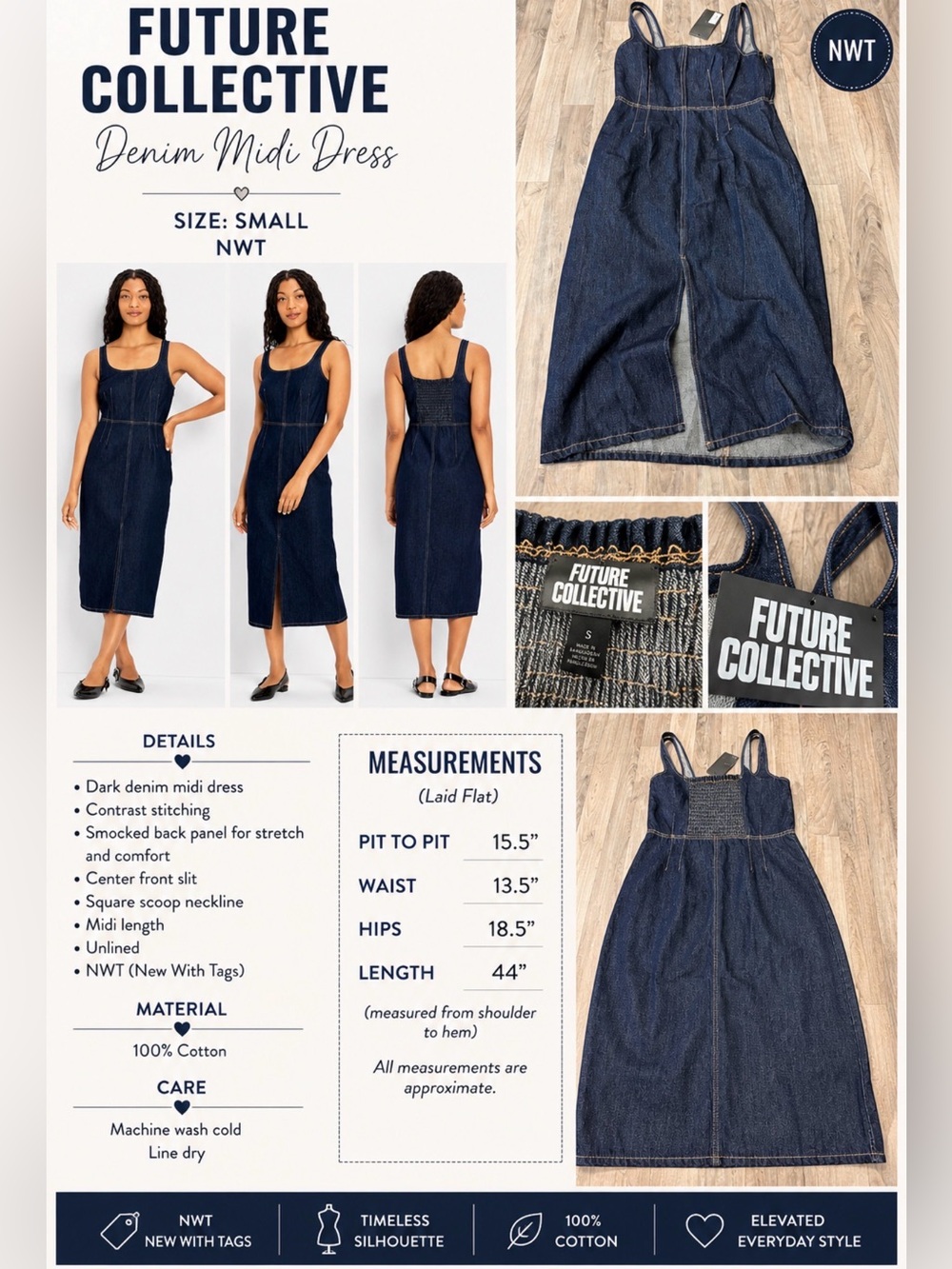 Future Collective Denim Midi Dress – Size Small – NWT